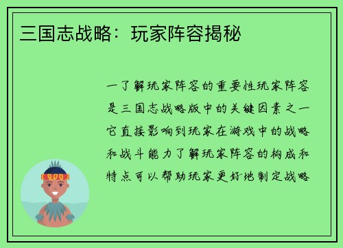 三国志战略：玩家阵容揭秘