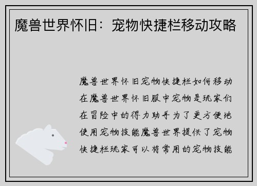 魔兽世界怀旧：宠物快捷栏移动攻略